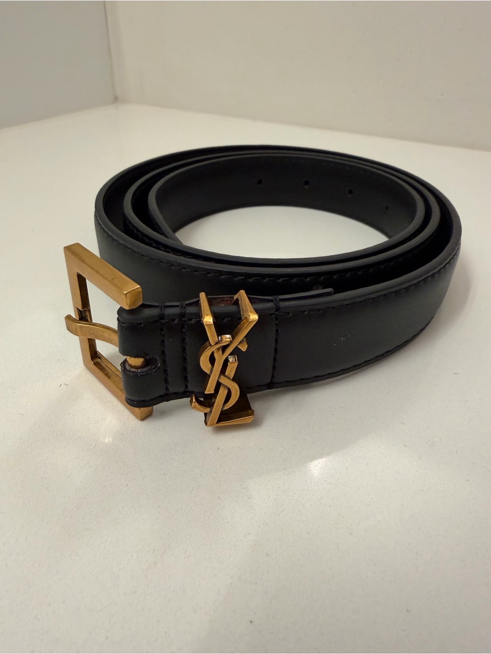 Yves Saint Laurent Black Leather Belt with Gold YSL Charm and Buckle